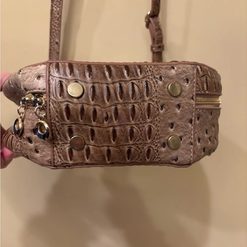Round Croc-Embossed Crossbody Bag | Brown Ostrich Texture | Top Handle & Strap